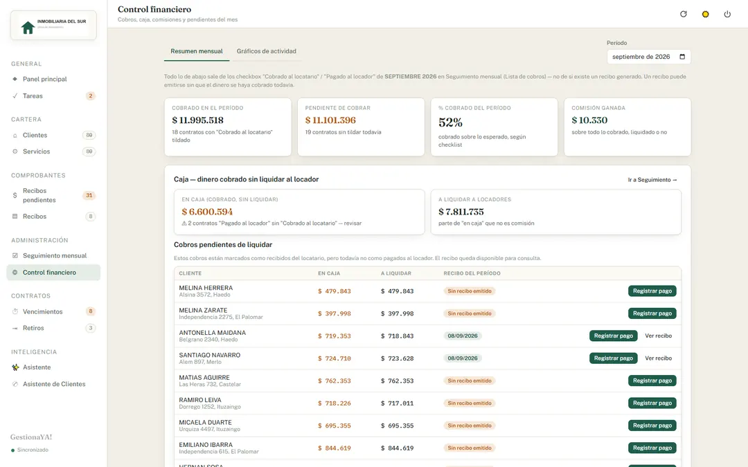 Control financiero: caja, comisiones y pendiente.