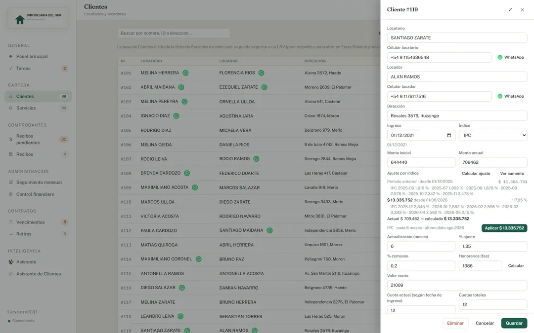 Ficha de cliente con canon, índice, valor de cuota y cuotas totales.